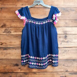 Savannah Jane L Navy Tassled Embroidered Boho Peasant Top